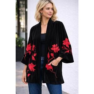 Chico’s Travelers Black Embroidered Kimono Jacket Sz 3